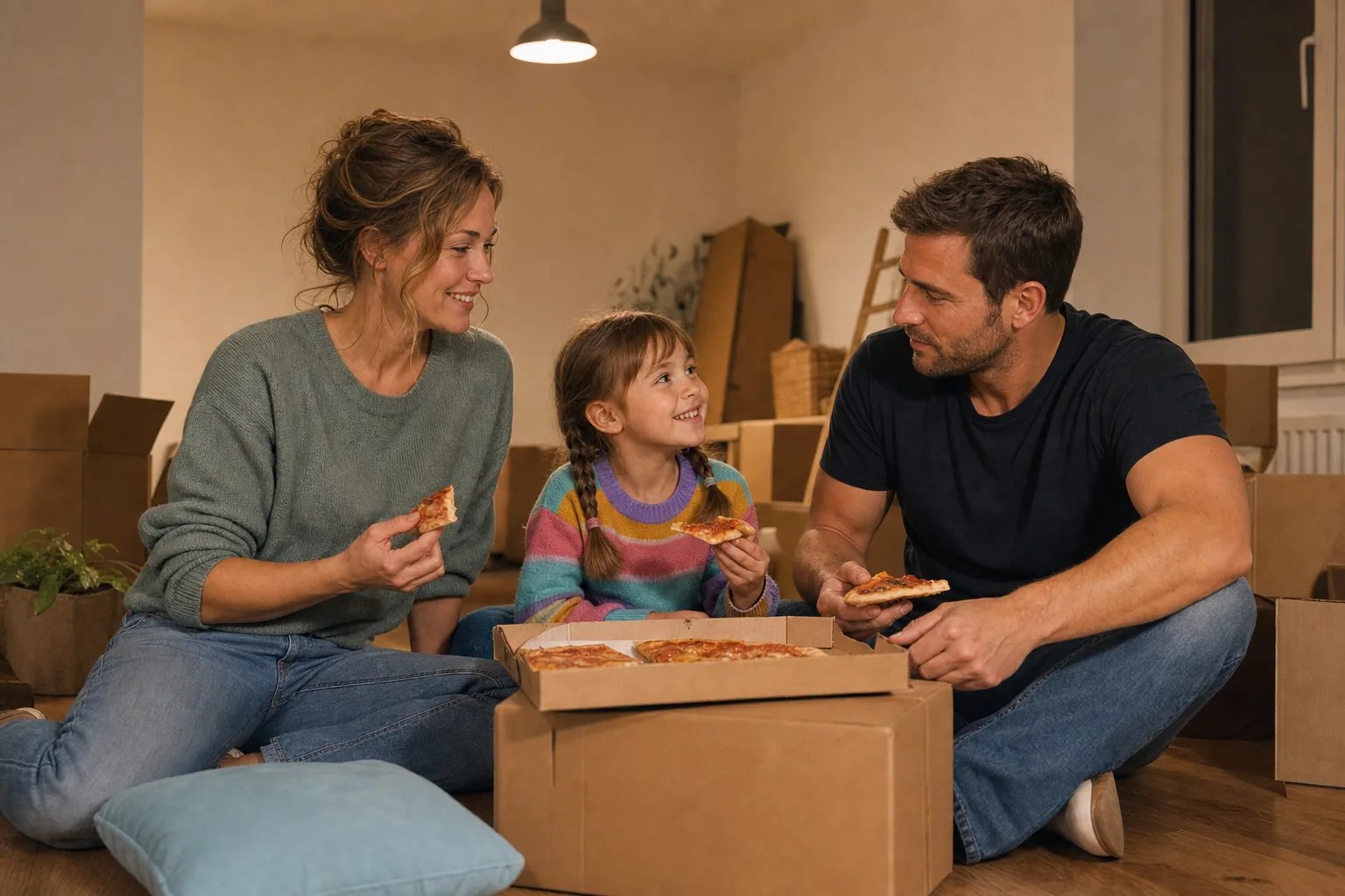 Drei Personen essen während der Einrichtungsphase auf Umzugskartons