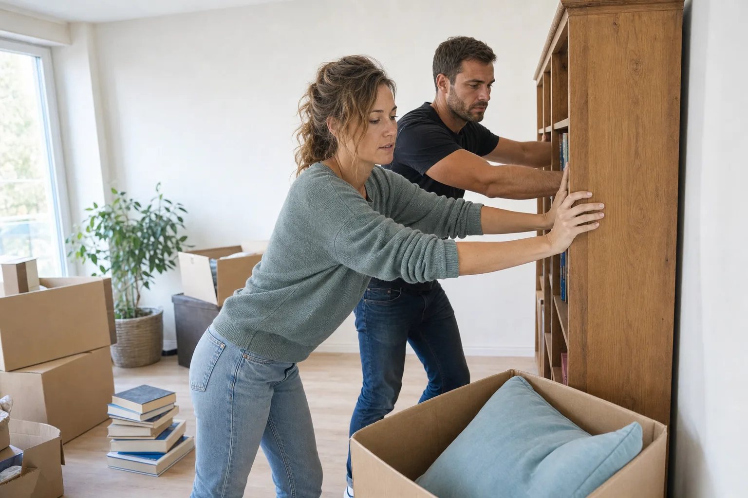 Paar richtet gemeinsam Möbel in der neuen Wohnung ein