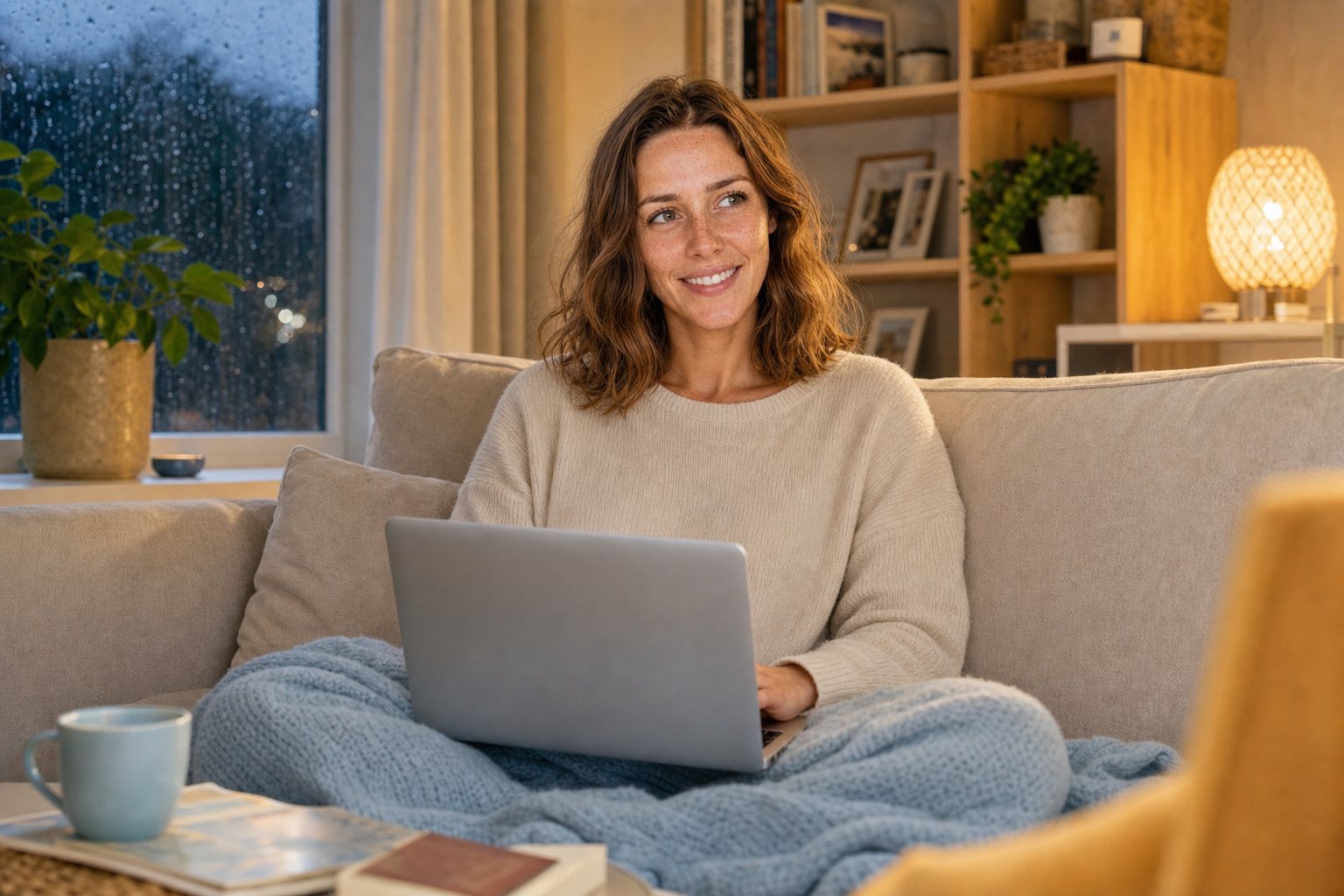 Frau sitzt auf einem Sofa und betrachtet einen Laptop