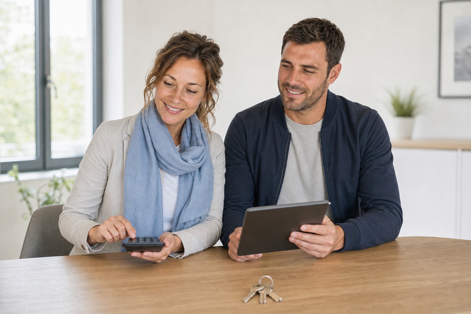 Paar prüft das Mietkautionsbudget im Homeoffice mit Rechner, Tablet und Schlüssel