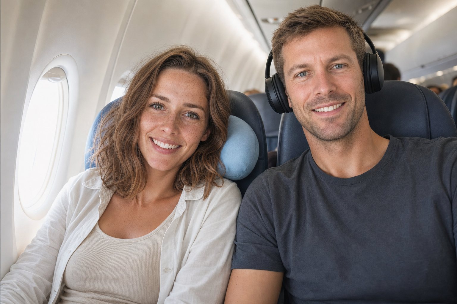 Zwei Erwachsene sitzen nebeneinander in einem Flugzeug