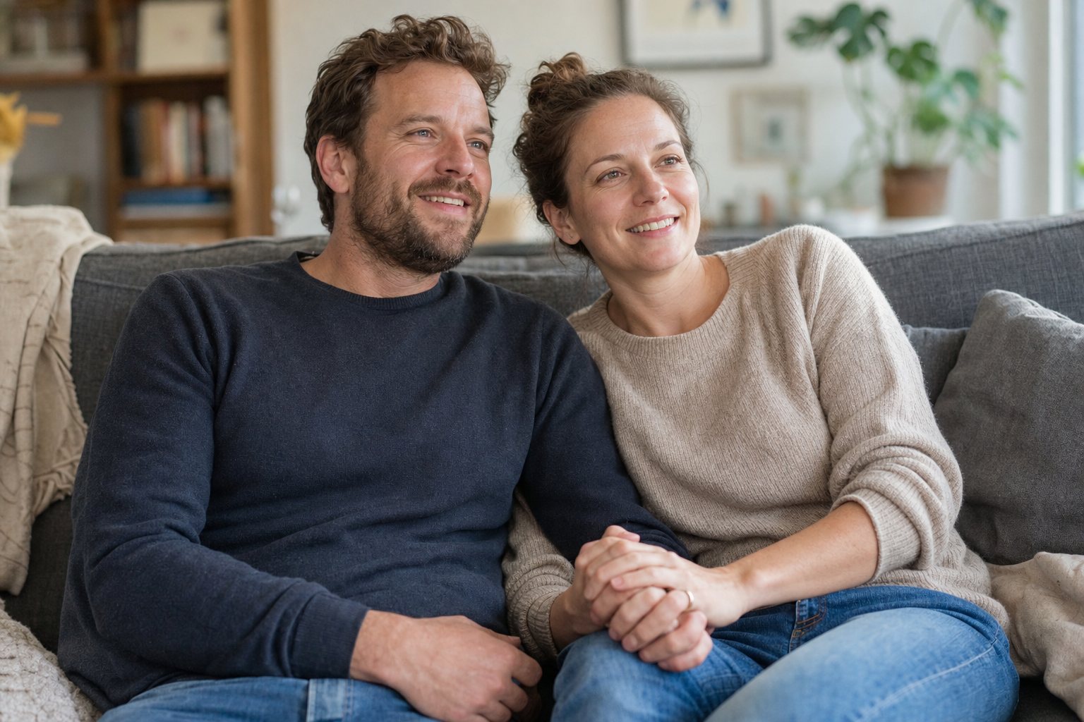 Paar hält sich erleichtert an den Händen auf dem Sofa