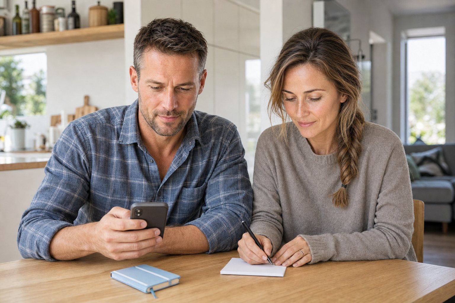 Paar rechnet mit Smartphone und Notizblock am Tisch