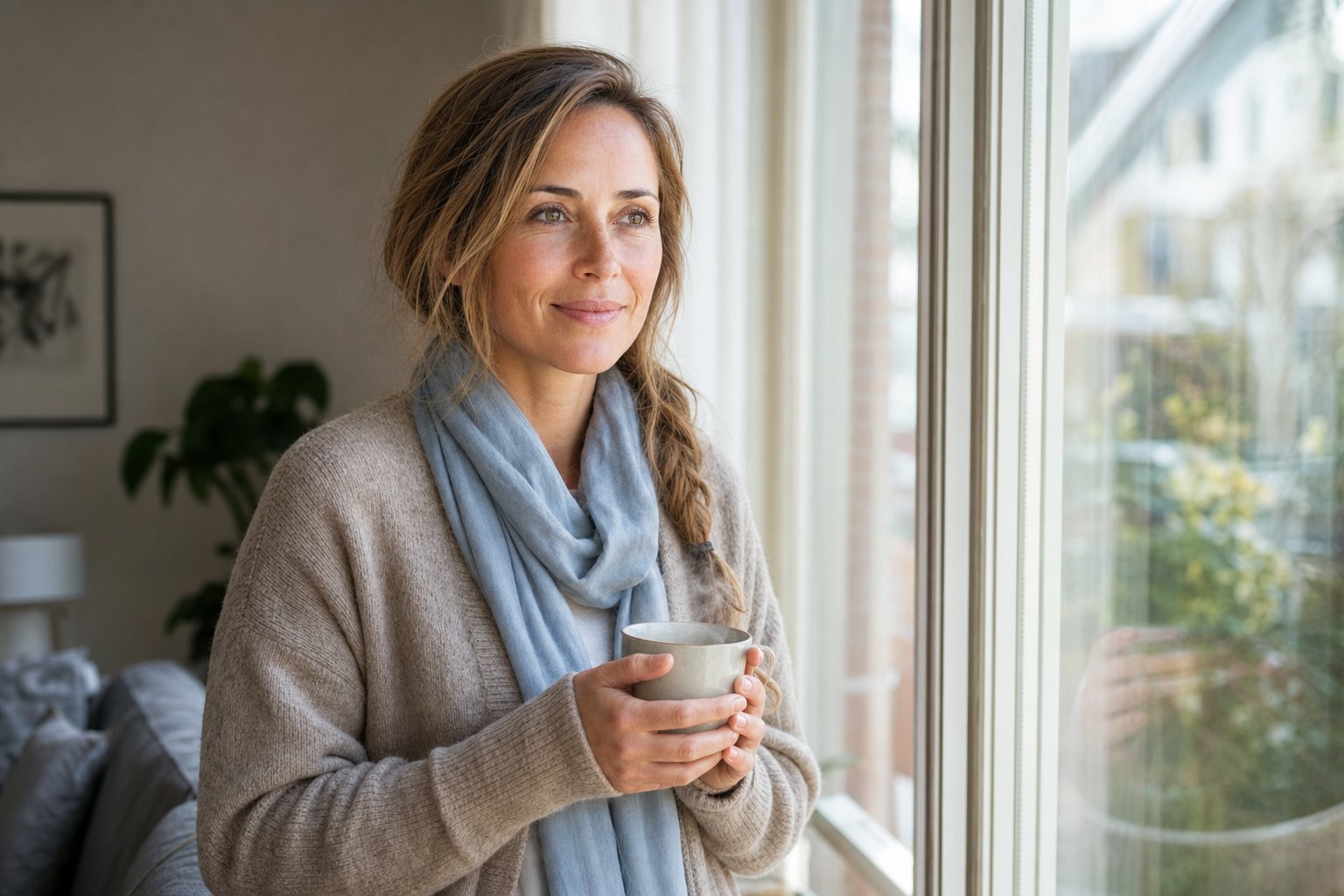 Frau hält eine Tasse und blickt nachdenklich aus dem Fenster