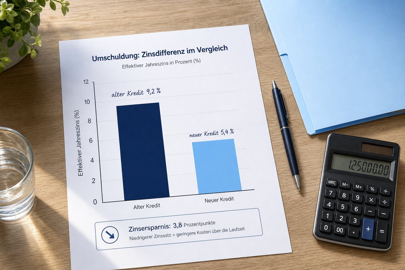 Balkendiagramm vergleicht alten Effektivzins 9,2 Prozent mit neuem 5,4 Prozent · die Zinsdifferenz entscheidet ueber die Ersparnis.