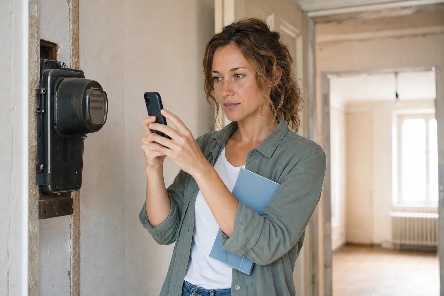 Frau dokumentiert den Zählerstand der alten Wohnung mit dem Smartphone