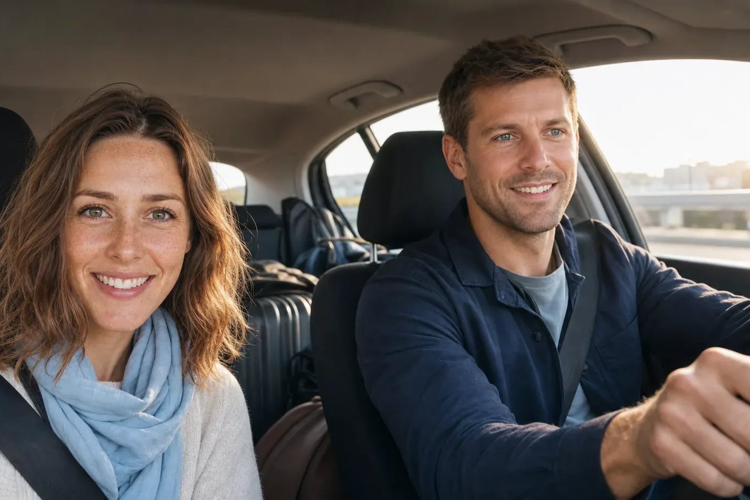 Zwei Erwachsene sitzen in einem Auto, während der Mann fährt