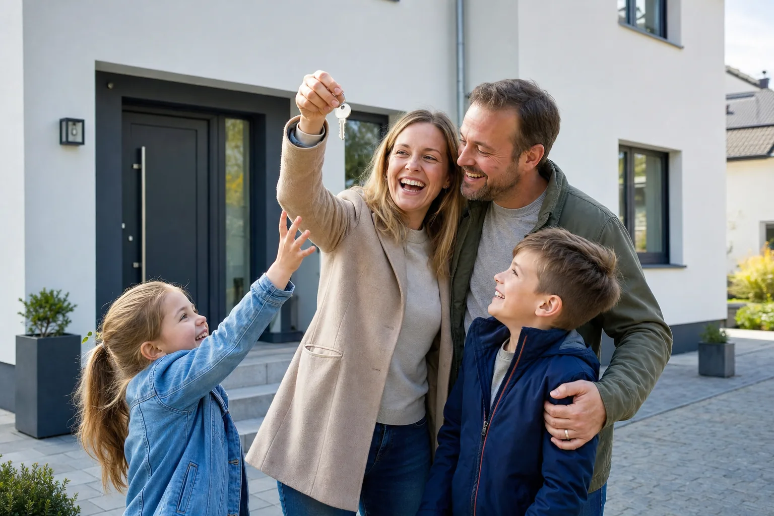 Familie mit Hausschlüssel vor ihrem Eigenheim